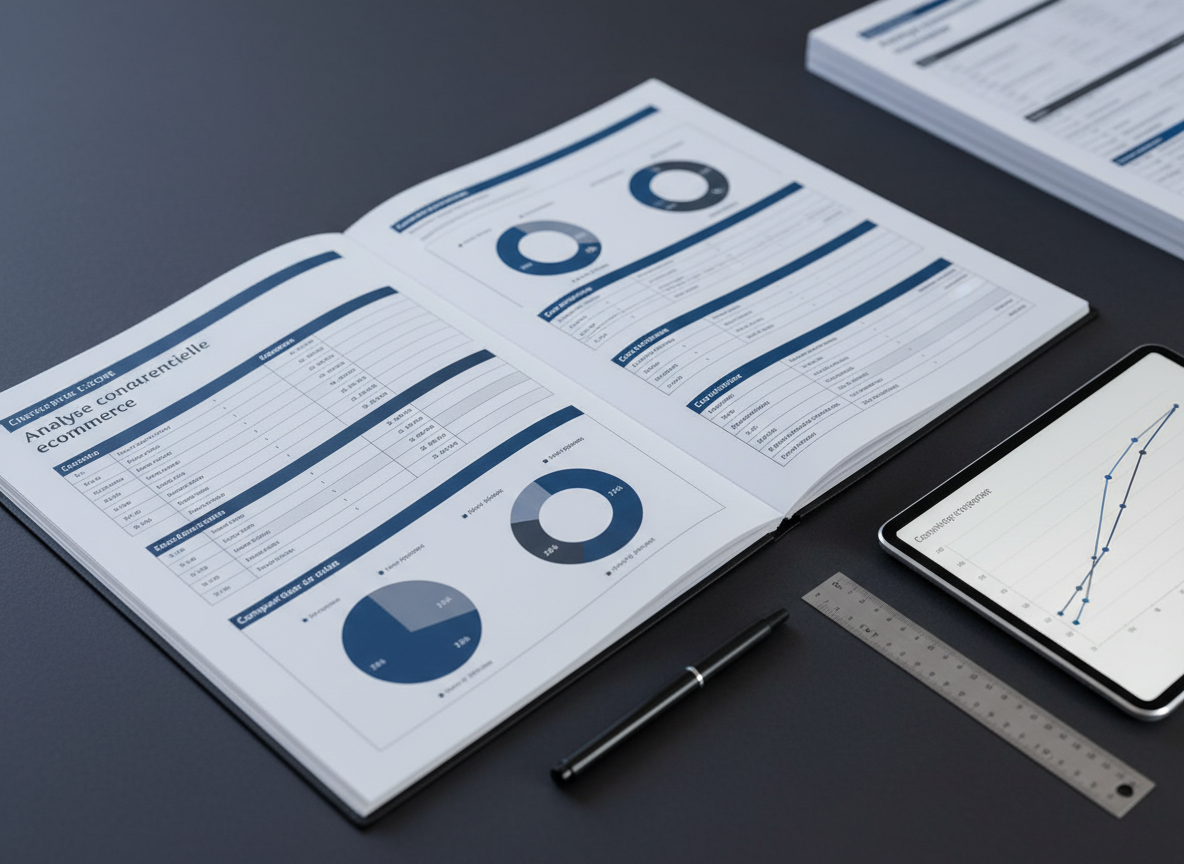 A close-up, slightly angled top-down shot of a dark slate table where an in-depth ecommerce benchmark report is laid out. A professionally bound dossier with the title “Analyse concurrentielle ecommerce” in refined typography sits open, revealing pages of comparison tables and radar charts in a restrained blue and graphite color palette. Beside it, a tablet displays a zoomed-in competitor pricing curve, while a slim metal ruler and fine-tip marker rest parallel to the page edges, reinforcing precision. Overhead, soft studio lighting creates even illumination, enhancing the crispness of the printed charts while casting delicate, controlled shadows. The background falls into a gentle blur, with only hints of other neatly stacked reports visible, producing a calm, authoritative, and detail-oriented atmosphere in a realistic, corporate photographic style.