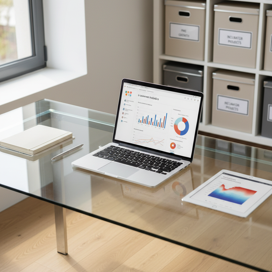 A large, ultra-modern glass desk seen from a slightly elevated angle, covered with neatly arranged market intelligence materials. At the center sits an open, high-resolution laptop displaying a clean, colorful ecommerce dashboard with comparative benchmark charts and competitor positioning maps. Surrounding it are a few minimalist notebooks, a sleek pen, and a tablet showing a heatmap of online sales performance. Soft daylight from a nearby window washes over the matte white walls and light oak surface, casting gentle, crisp shadows and subtle reflections on the glass. The background fades into a tasteful blur of shelves lined with neutral-toned boxes labeled with startup, PME, and incubator tags. Photographic realism, clean and modern, with a calm, analytical atmosphere and sharp focus on the digital analytics screens.
