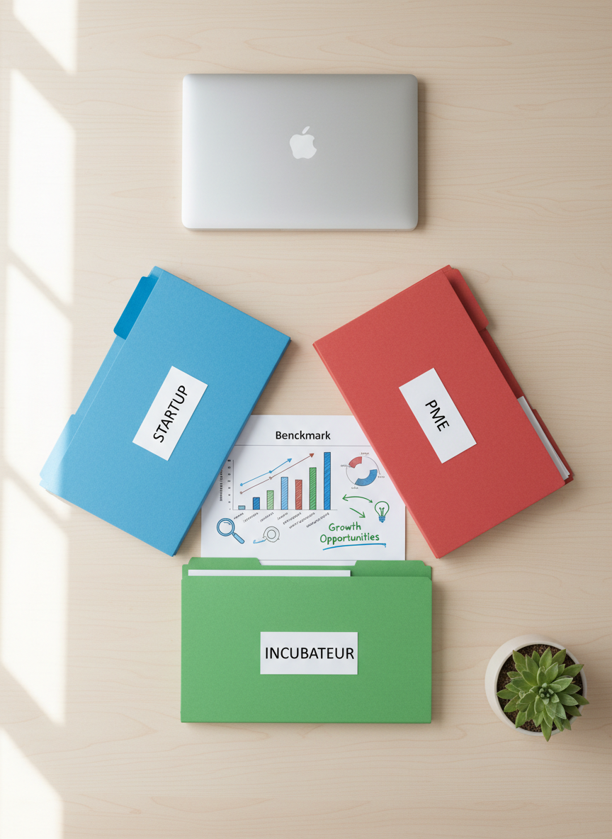 A minimalist, bird’s-eye view of a strategy workspace dedicated to startups and incubators, captured with photographic realism. On a light wooden table, three distinct folders labeled “Startup”, “PME”, and “Incubateur” are arranged in a precise triangle, each with color-coded tabs. At the center lies a printed benchmark diagram comparing ecommerce performance indicators, with arrows and icons pointing toward areas of opportunity. A slim laptop, closed, forms a clean horizontal line at the top of the frame, while a single, small potted plant adds a touch of natural green in one corner. Soft, overcast natural light from an unseen window creates a gentle, even glow, minimizing harsh shadows. The composition is orderly and balanced, conveying clarity, strategic structure, and a professional yet approachable tone.